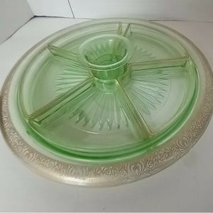 Green Depression Glass 5 Section Serving Dish & Dip Cup w/ Gold Trim